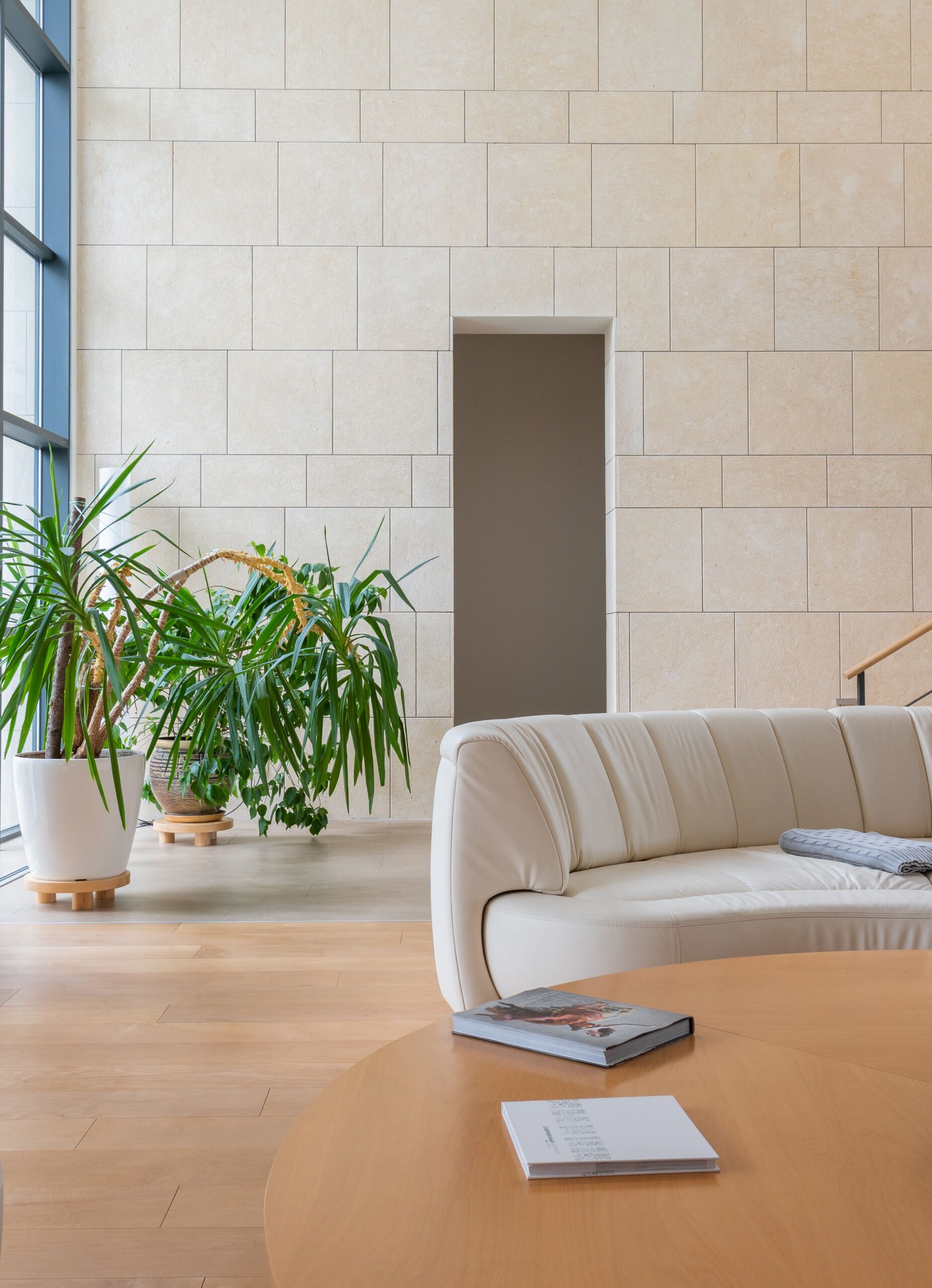 Salón moderno y luminoso tras una reforma integral, con sofá y mesa de madera.